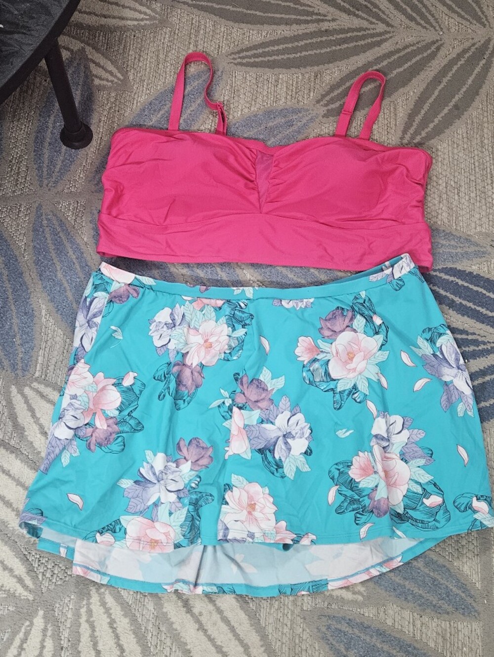 Bright Pink Bikini Top & Turquoise Floral Swim Skirt Set